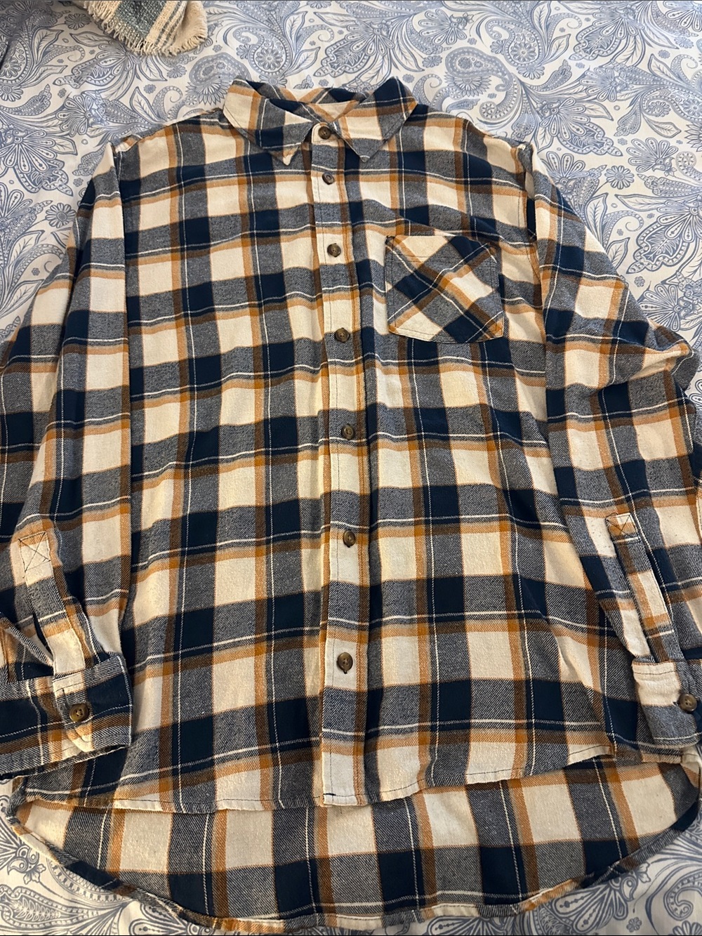 Men's Casual Plaid Button-Down Shirt - Navy, Cream & Brown